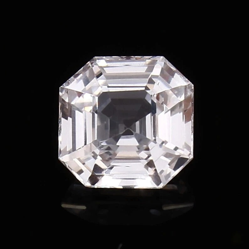 Asscher-cut White Sapphire on a black background