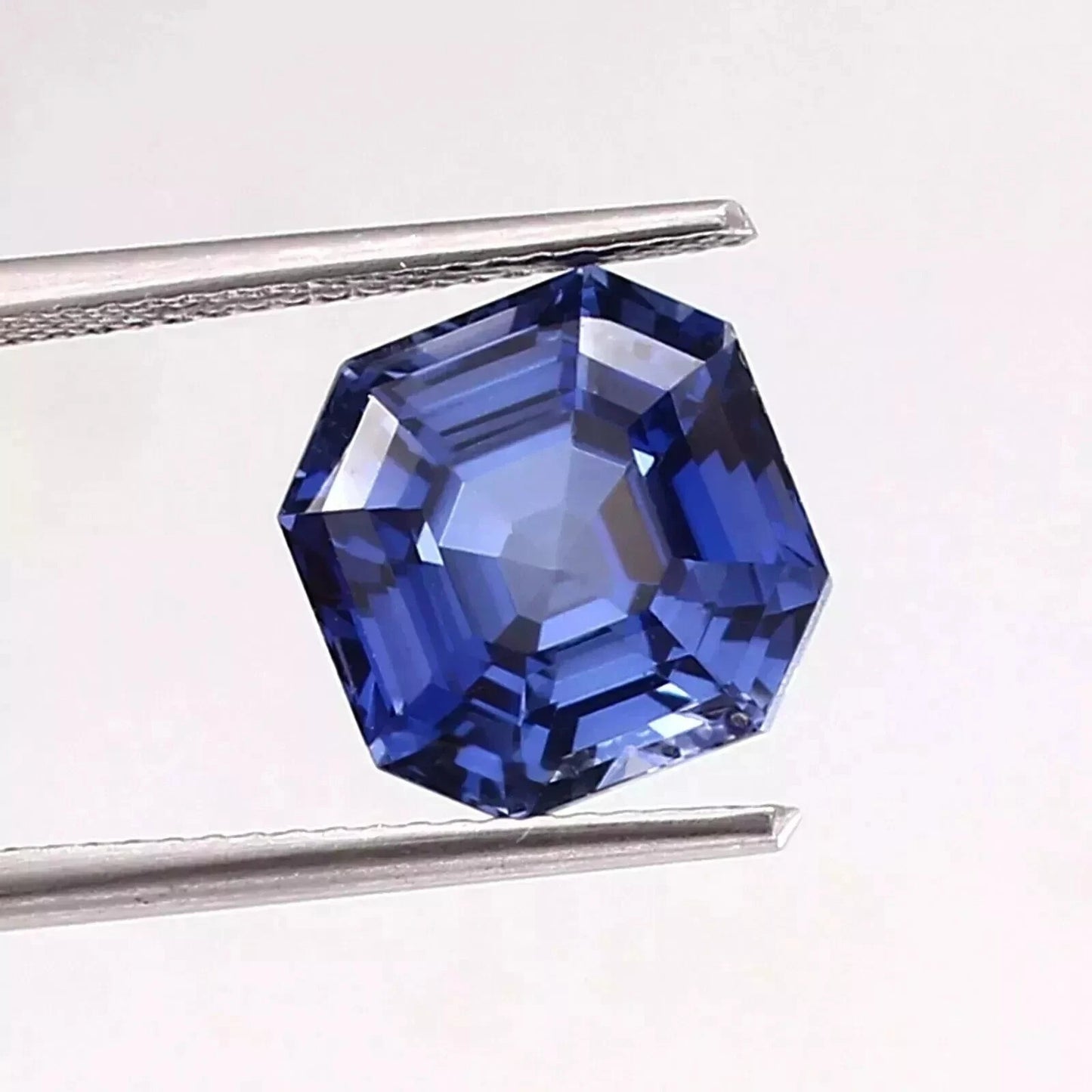 Royal Blue Sapphire gemstone held by tweezers on a white background