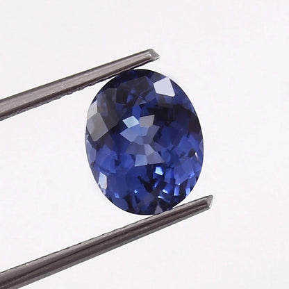 Royal Blue Sapphire gemstone held between tweezers on a white background